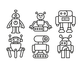 robot character icons set line illustration