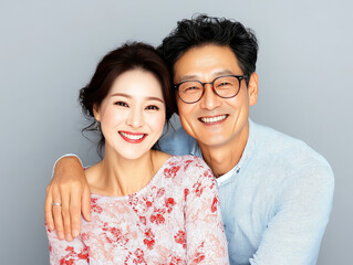 Happy middle age chinese asian couple smiling together, showcasing love and joy in studio setting plain white background . Their warm expressions and close embrace convey strong bond and affection