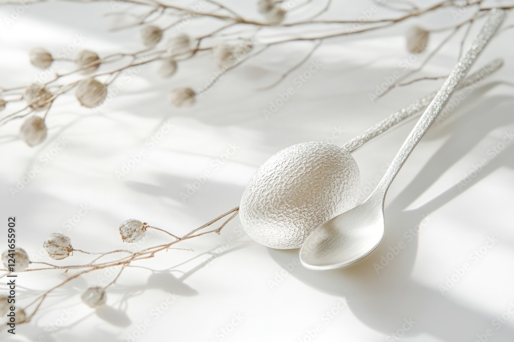 Poster A simple still life of a spoon and its matching rest on a clean white background