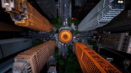 Obraz premium Aerial View of City Intersection: A captivating bird's-eye view of a bustling city intersection, where towering skyscrapers converge in a complex geometric pattern.