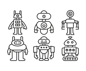 robot character icons set line illustration