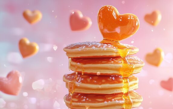 Floating stack of heart-shaped pancakes with honey drizzles and fruit bursts on a cozy pastel-themed background for Saint Valentines Day and 8 March International Womens Day - Powered by Adobe