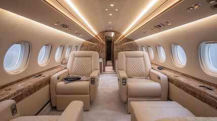 Luxurious interior of a private jet showcasing elegance and comfort