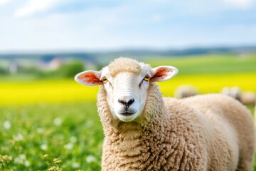 Fototapeta premium A golden-brown sheep gazes curiously at the viewer amid bright green grass and yellow flowers under a clear sky