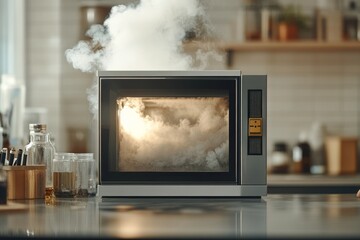 Thick smoke rising from malfunctioning kitchen microwave, revealing potential electrical hazard and kitchen safety risks from overheating appliance