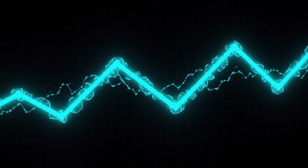 A vibrant turquoise glowing line graph on a dark grid displays fluctuating stock market data, highlighting upward trends and potential investment opportunities.