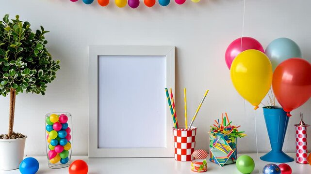 Bright and colorful mockup poster with festive party decorations, balloons, and playful elements set for a cheerful celebration in a bright indoor setting