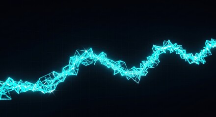 A vibrant, teal crystalline line graph ascends and descends against a dark grid. The polygonal style creates a futuristic, datadriven visual.