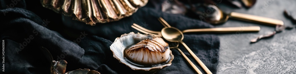 Poster A close-up view of a clam shell on a table, with its delicate features and patterns visible