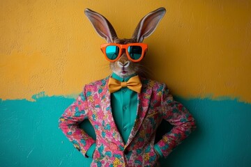 Bunny in a Suit:  A  stylish and confident  bunny wearing a floral patterned suit, blue sunglasses, and a yellow bow tie,  posing against a backdrop of teal and yellow.