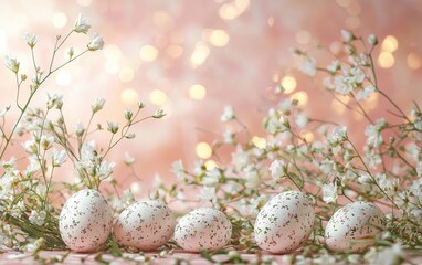 Obraz premium Romantic mockup background with space for text featuring delicate floral patterns around softly lit Easter eggs for a gentle and cozy holiday theme for Easter