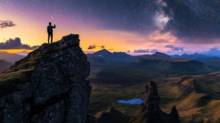 Fototapeta premium Man Standing on Mountain Peak Under Starry Sky at Dusk
