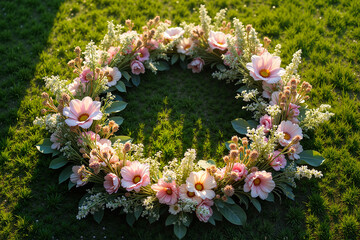 Large Circular Floral Wreath with Blush Pink Cosmos in Soft Sunlight with Copy Space