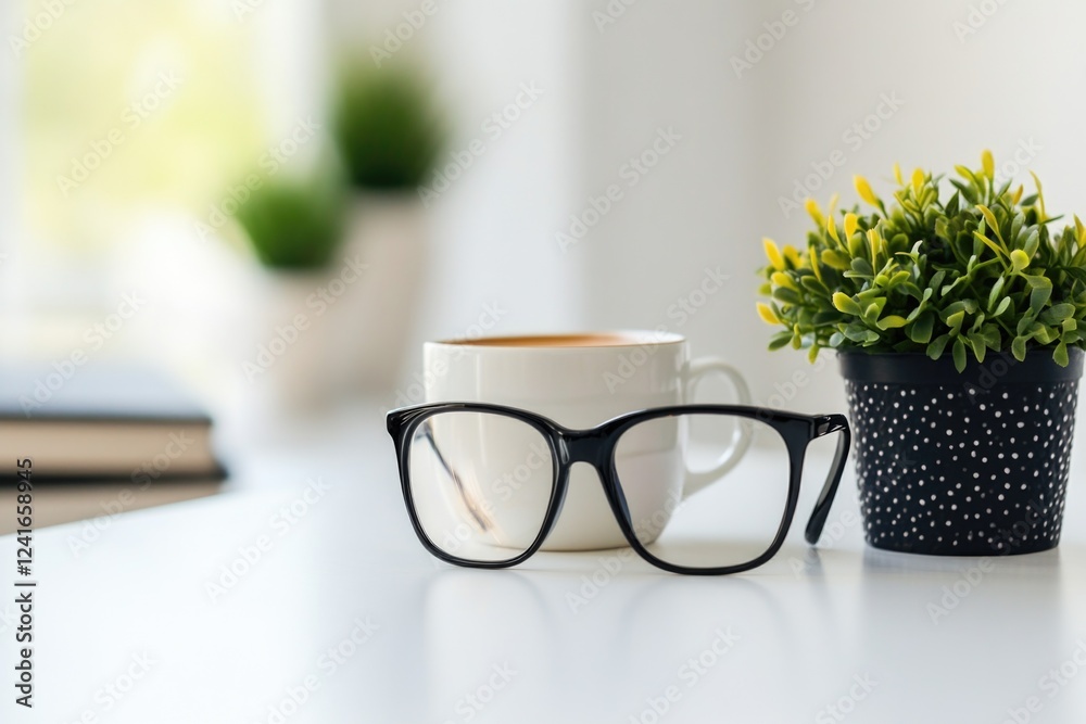 Poster a simple still life scene featuring a cup of coffee and a pair of glasses on a table