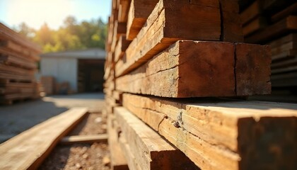  A sustainable timber yard with neatly stacked lumber, sunlight filtering through, and eco-friendly focus.