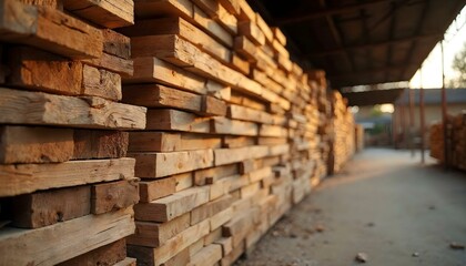  A sustainable timber yard with neatly stacked lumber, sunlight filtering through, and eco-friendly focus.