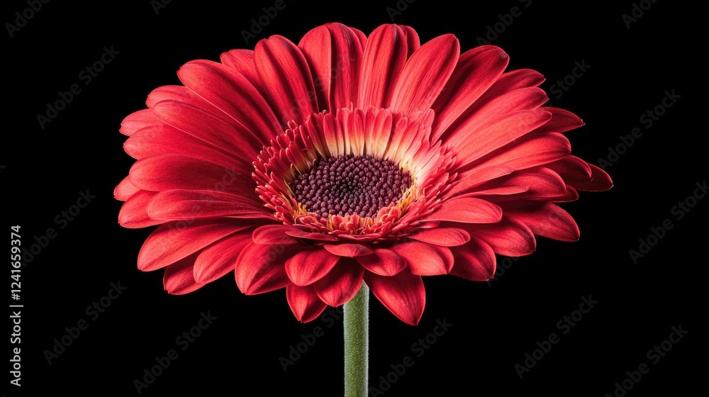 Poster A single red flower on a stem set against a black background, great for use in designs where you want to draw attention to something bold and simple