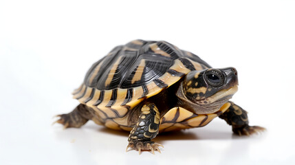 A small turtle is standing on a white background
