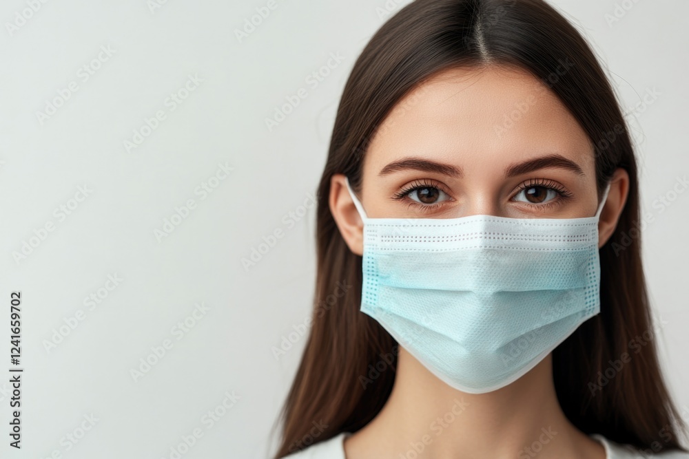 Poster a person wearing a face mask looks directly at the camera, a simple yet powerful image
