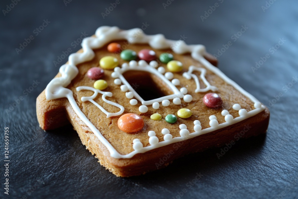 Poster a close-up shot of a cookie in the shape of a small house