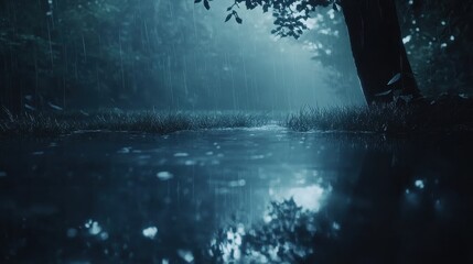 Rainy Forest Scene with Puddles and Lush Greenery in Soft Light