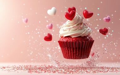 Flying red velvet cupcake with cream cheese frosting and candy hearts surrounded by sugar sparkles on a warm pink background for Saint Valentines Day and 8 March International Womens Day