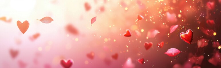 Obraz premium Soft-focus romantic background with a blurred pink gradient, floating red hearts, and a warm golden light effect for Saint Valentines Day and 8 March International Womens Day