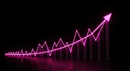 A 3D rendering showcases a pink neon line graph dramatically rising against a dark background, indicating significant upward financial growth and business success. Bars visually reinforce the positive