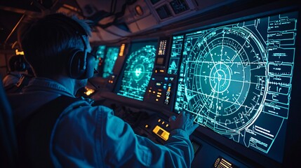 Pilot in Control Room Managing High-Tech Radar Screens and Instruments for Navigational Scanning in a Futuristic Environment