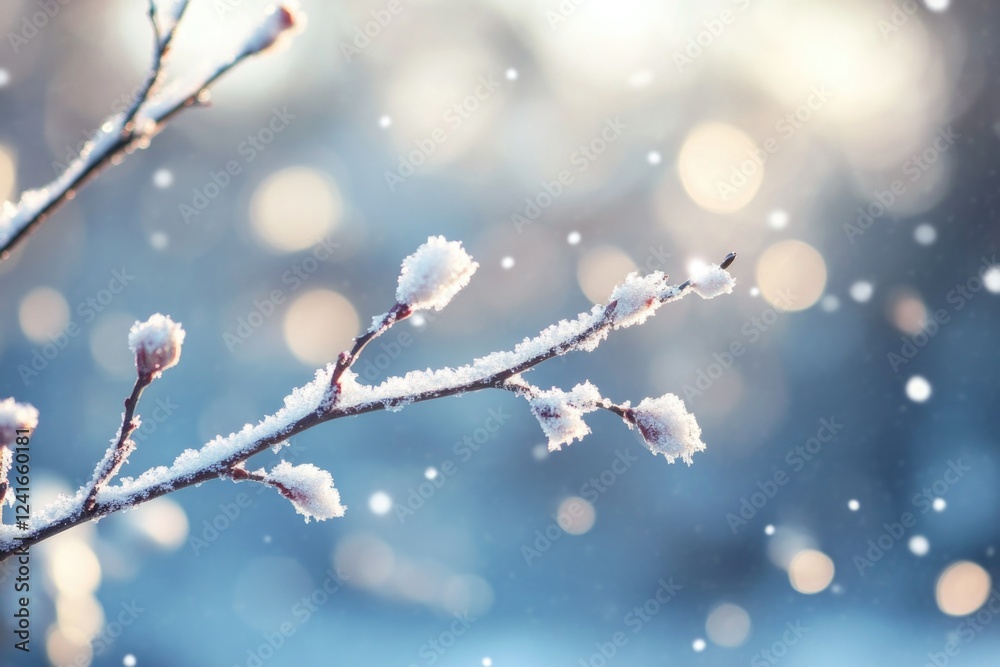 Poster a winter scene featuring a tree branch covered in snow, with a blurred background