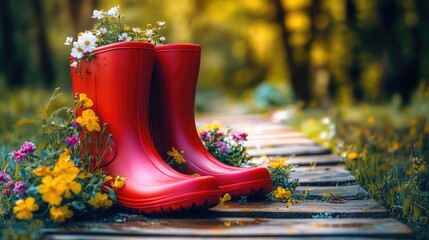 A pair of red rain boots sit atop a wooden walkway, perfect for outdoor use