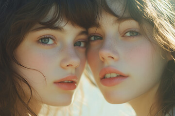 Obraz premium Mother and daughter embrace the warmth of pastel sunlight in a tender moment
