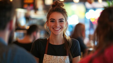 A happy woman smiles at the camera while standing in a restaurant, great for any food or hospitality related project