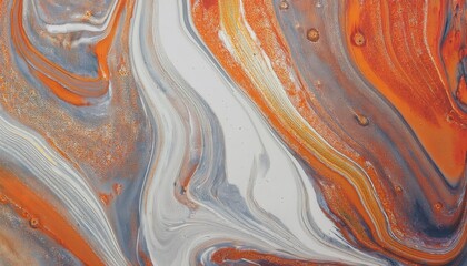 Obraz premium fluid abstract painting with orange, gray, and white marbling, perfect for modern interior design, digital background, or artistic prints