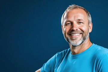 Obraz premium Middle-aged man with a gray beard smiles brightly, wearing a blue shirt and posing against a dark blue setting