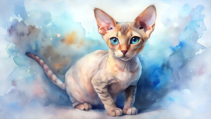 Obraz premium Devon Rex kitten with bright blue eyes gazing at camera. Beige beauty with unique coat texture sits against soft orange-blue background. Concept of specialty breeding, pet boutique, art gallery.