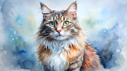 Brown Maine Coon with emerald gaze looking at viewer. Cream and chocolate beauty with luxurious fur against dreamy blue backdrop. Concept of luxury pet services, fine art, breeding excellence.
