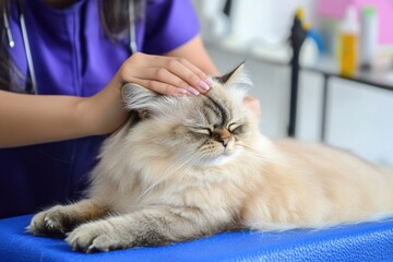 A Persian cat is being pampered with a gentle massage and grooming, showcasing a relaxed and content demeanor