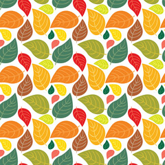 An abstract seamless pattern of colorful leaves, with overlapping shapes and diverse hues, creates a dynamic background