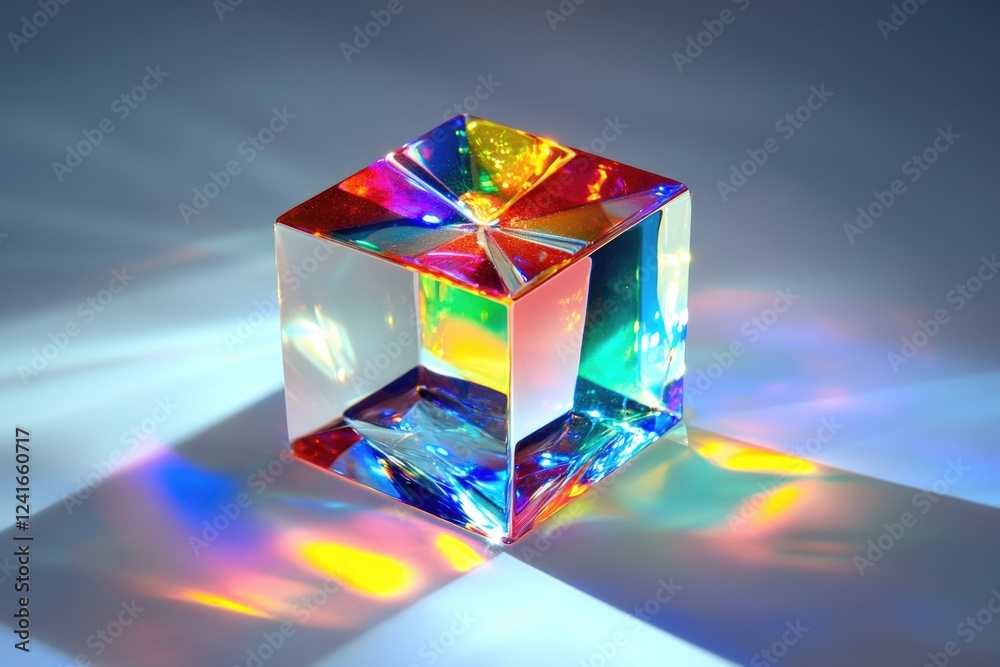 Poster a vibrant crystal cube sits atop a plain white background, perfect for use in designs where minimali