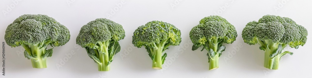 Poster fresh broccoli heads arranged neatly on a white background