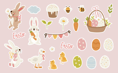 Easter Stickers vector, Spring elements, egg, bunny, chicken, plants