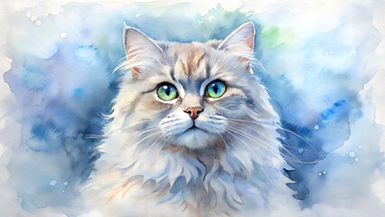 Fototapeta premium White long-haired cat with green eyes gazing directly at viewer. Soft watercolor portrait against dreamy blue background shows serene expression. Concept of pet portraiture, art gallery, veterinary cl