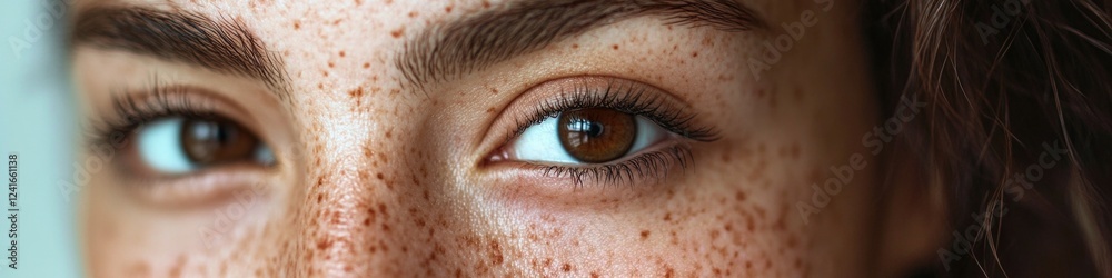 Poster close-up shot of a woman's eyes with distinctive freckles, suitable for use in editorial or commerci