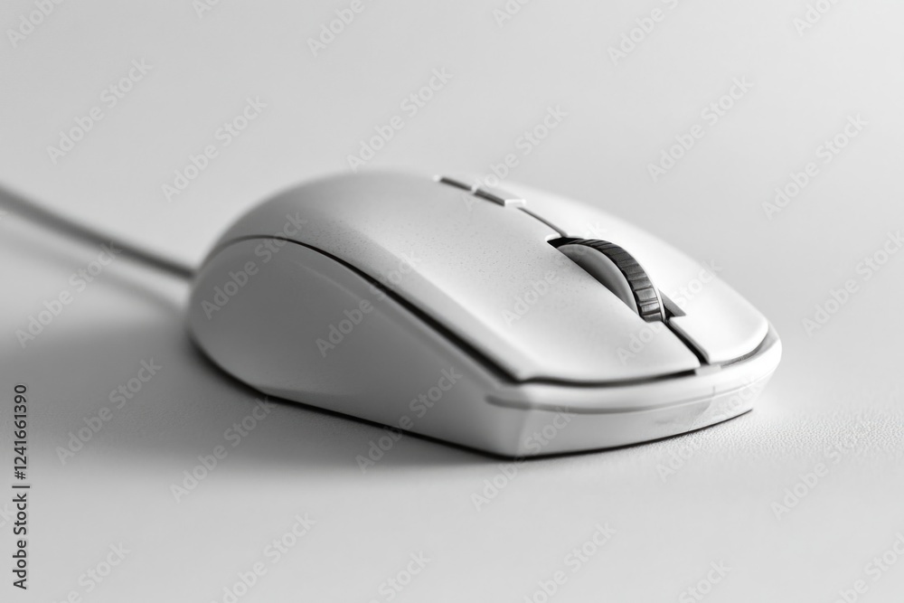 Poster a close-up view of a computer mouse on a table, ideal for use in articles about technology or office