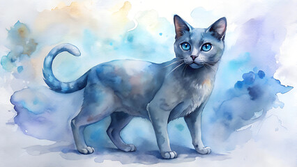 Obraz premium Russian Blue cat with bright blue eyes in elegant watercolor pose. Standing gracefully against pastel background. Concept of: luxury pet services, feline art, designer pet goods.