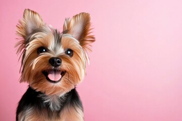 Naklejka premium A cheerful Yorkie dog displays its fresh haircut while smiling joyfully in front of a vibrant pink background