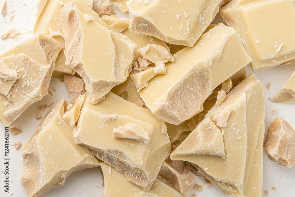 Poster a collection of white chocolate fragments on a table surface