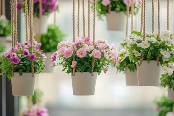Fototapeta premium A collection of hanging flower pots filled with vibrant pink and white flowers, perfect for decorative use or as a symbol of celebration