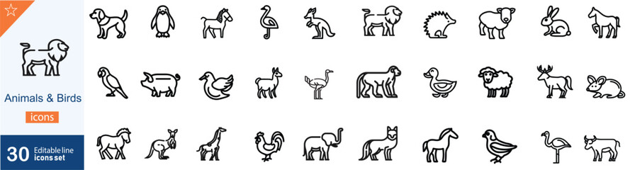 Set of 30 outline icons related to domesticated animals. Linear icon collection. Editable stroke.Animal, wild, zoo icon set.  Vector illustration 